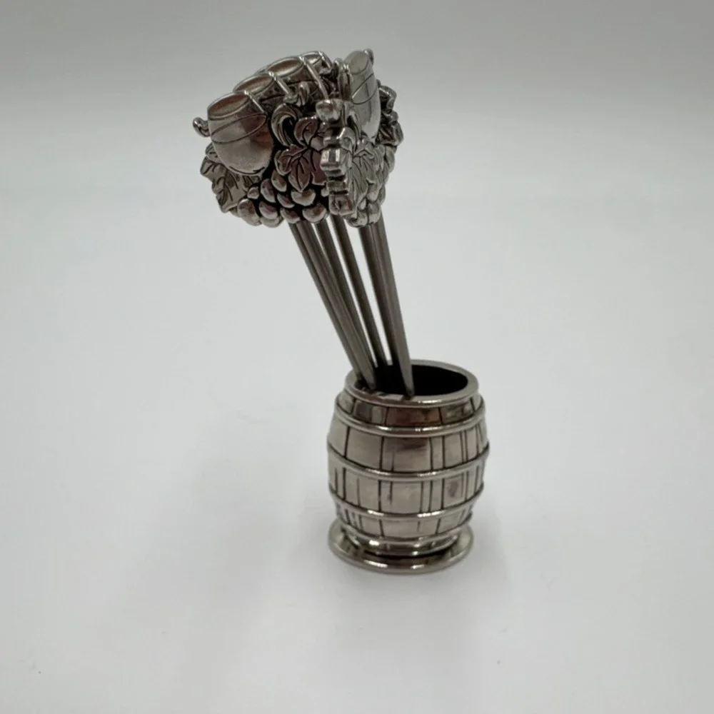 Ganz Grape Wine Barrel Cocktail Picks Set Metal Appetizer Skewers Holder